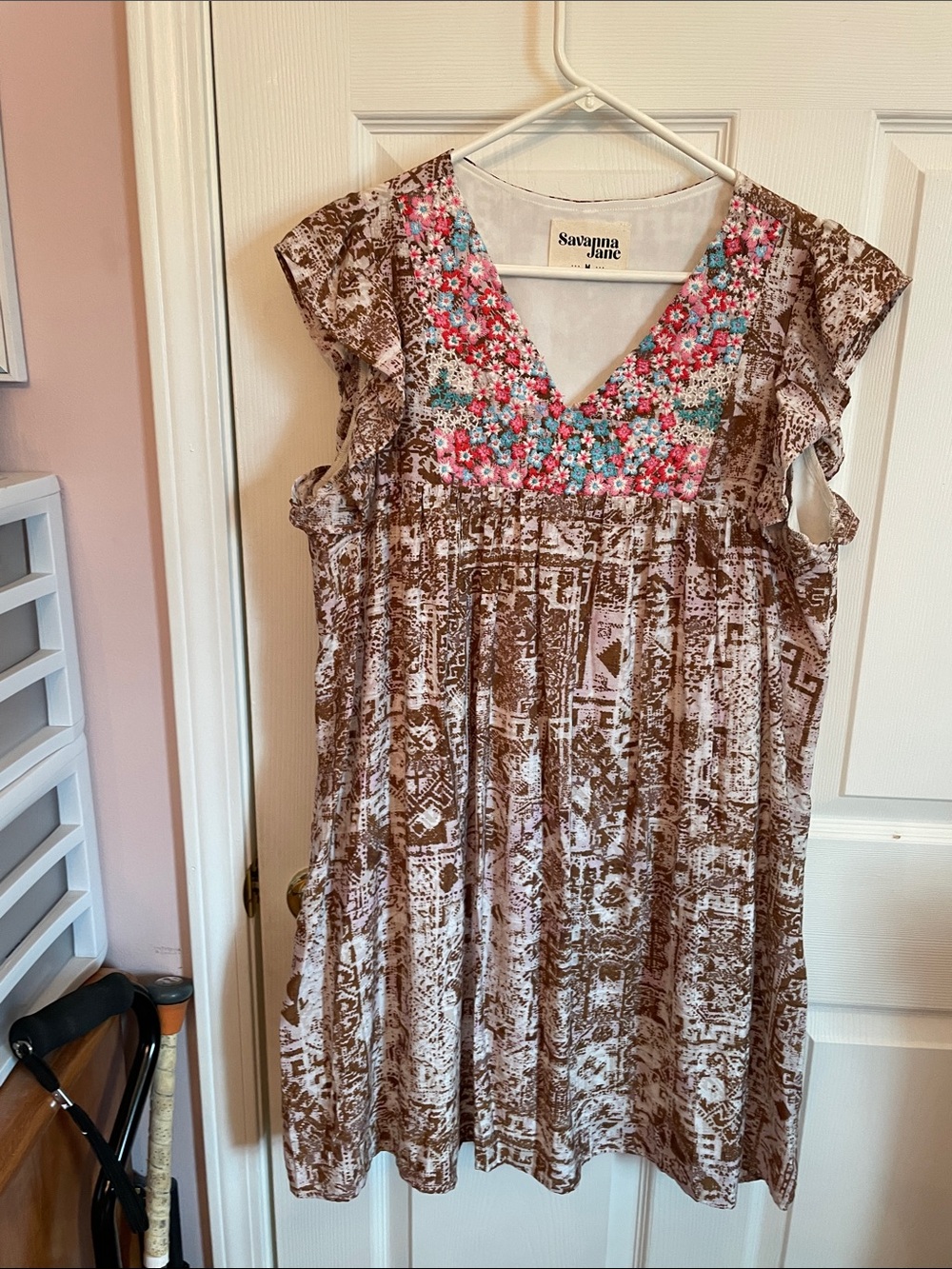 Savanna Jane Brown Printed Dress with Pink & Teal Floral Yoke